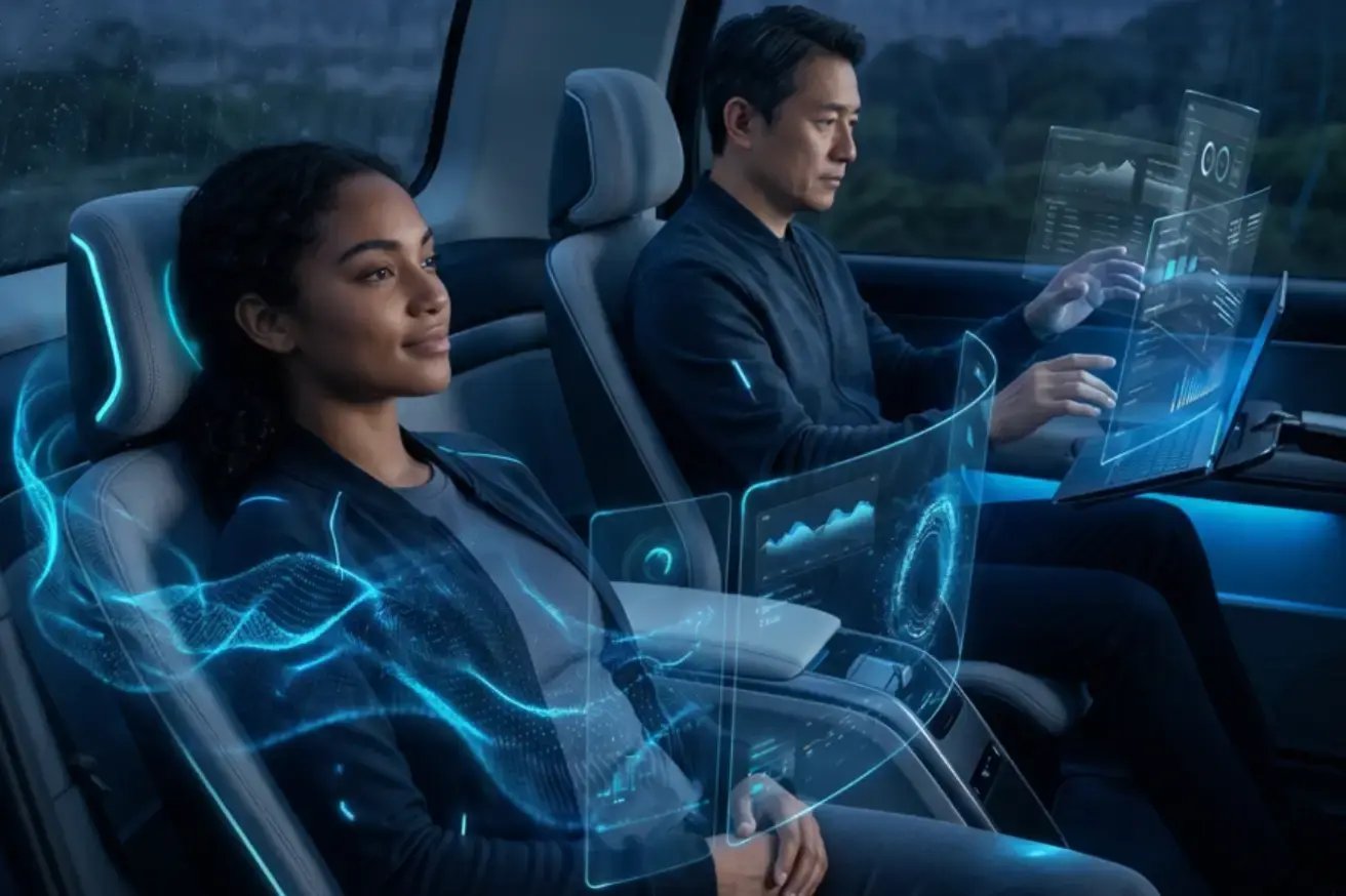 Two passengers in a connected autonomous vehicle interacting with holographic digital interfaces, representing the future of in-vehicle technology and platform integration. Two passengers in a connected autonomous vehicle interacting with holographic digital interfaces, representing the future of in-vehicle technology and platform integration.