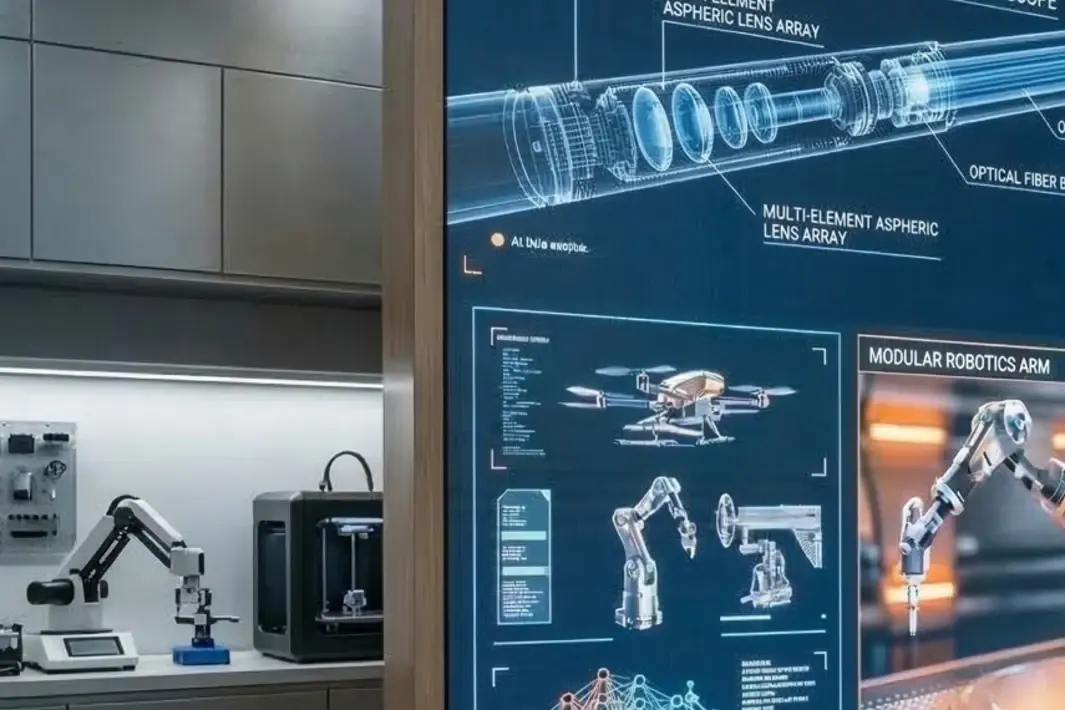 A research lab with a robotic arm and 3D printer next to a large screen showing optical technology concepts, representing the innovation areas ZEISS Corporate Research & Technology explores for its business units.