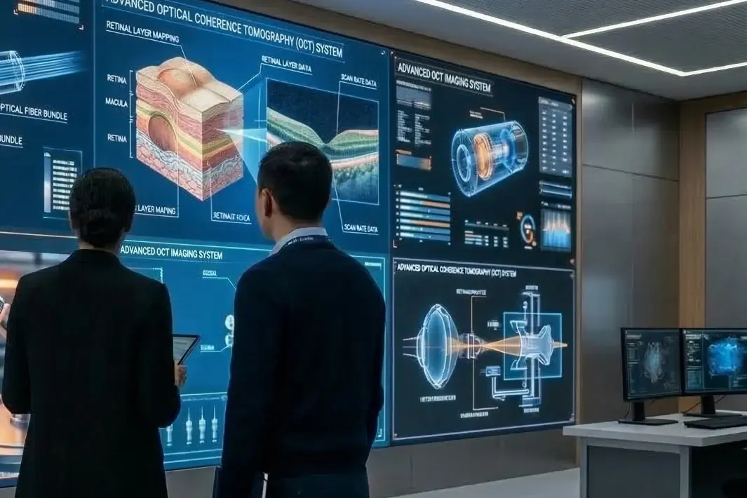 Two researchers in front of a large screen showing advanced optical imaging systems, representing a foresight framework applied across the organization.